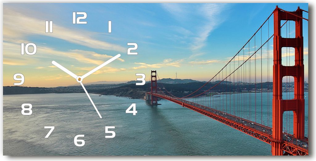 Wanduhr aus Glas – 60x30 cm - Glasbild - Glasuhr - Gehärtetes Glas - weisse-zeiger - San Francisco-Brücke