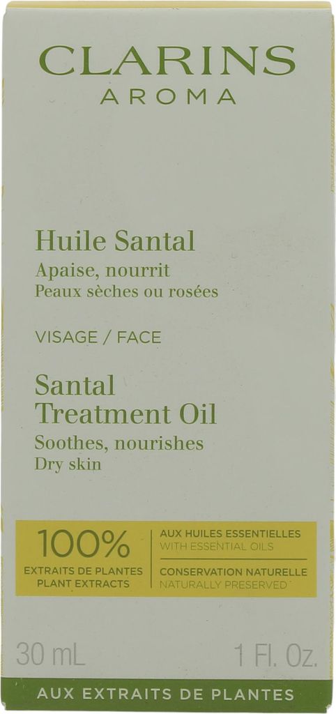 A product box for Clarins Aroma Face Santal Treatment Oil.