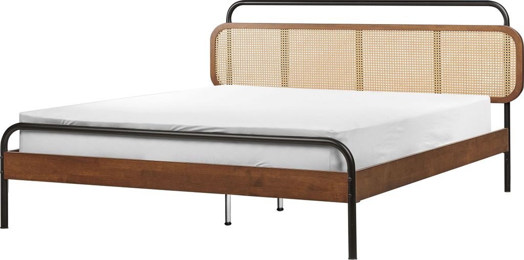 BELIANI Holzbett Dunkelbraun u. Schwarz aus Gummibaumholz Metall 160 x 200 cm mit Wiener Geflecht Kopfteil Lattenrost Modernes Design für Schlafzi...