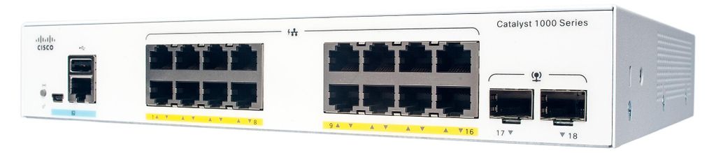 Cisco CAT1000L 18Port fixed managed L2 Switch: - 16x10/100/1000 Base-T (RJ45), without PoE, - 2x1GE SFP uplink Ports, internal PWR-ADPT-18W=, - 36G...