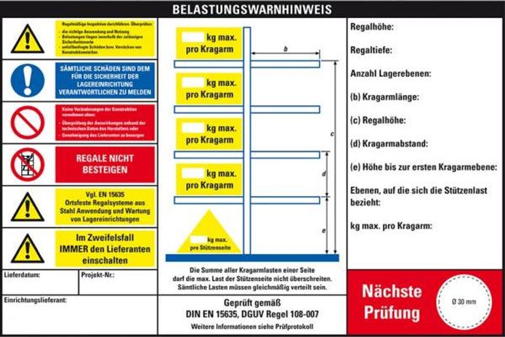 Dreifke Belastungswarnhinweis für Kragarmregale, DIN EN 15635, Kunststoff, 3...