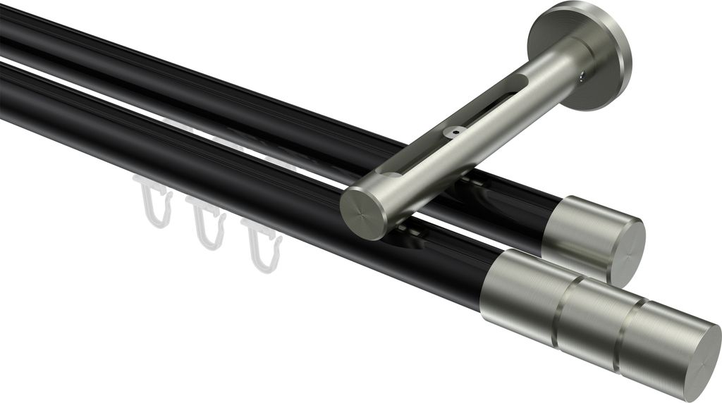 Interdeco Innenlaufstange / Gardinenstange mit Innenlauf Schwarz / Edelstahl-Optik, Typ Siteno Elanto (Rillenzylinder), 20 mm Ø 2-läufig, 220 cm