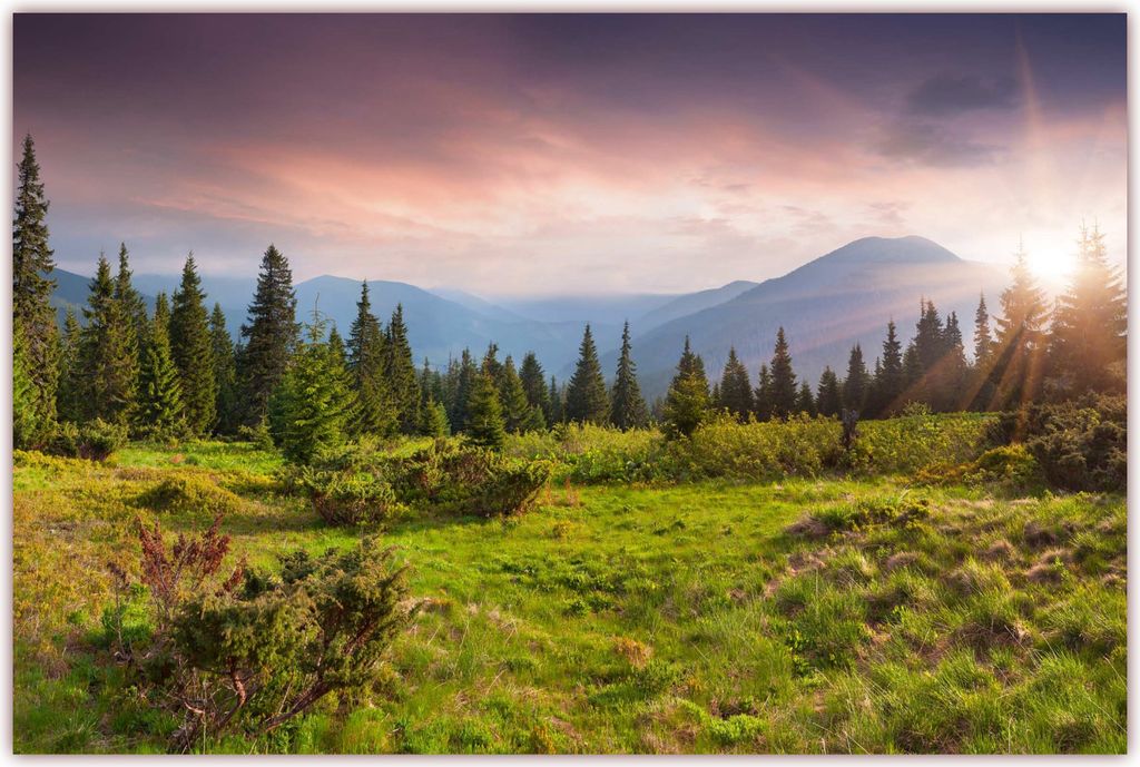 XXL Poster 100 x 70cm (F-218) Grüne Wiese mit umstehendem Wald im Hintergrund imposante Gebirge und die Sonne strahlt in ihrem Glanz (Lieferung ge...