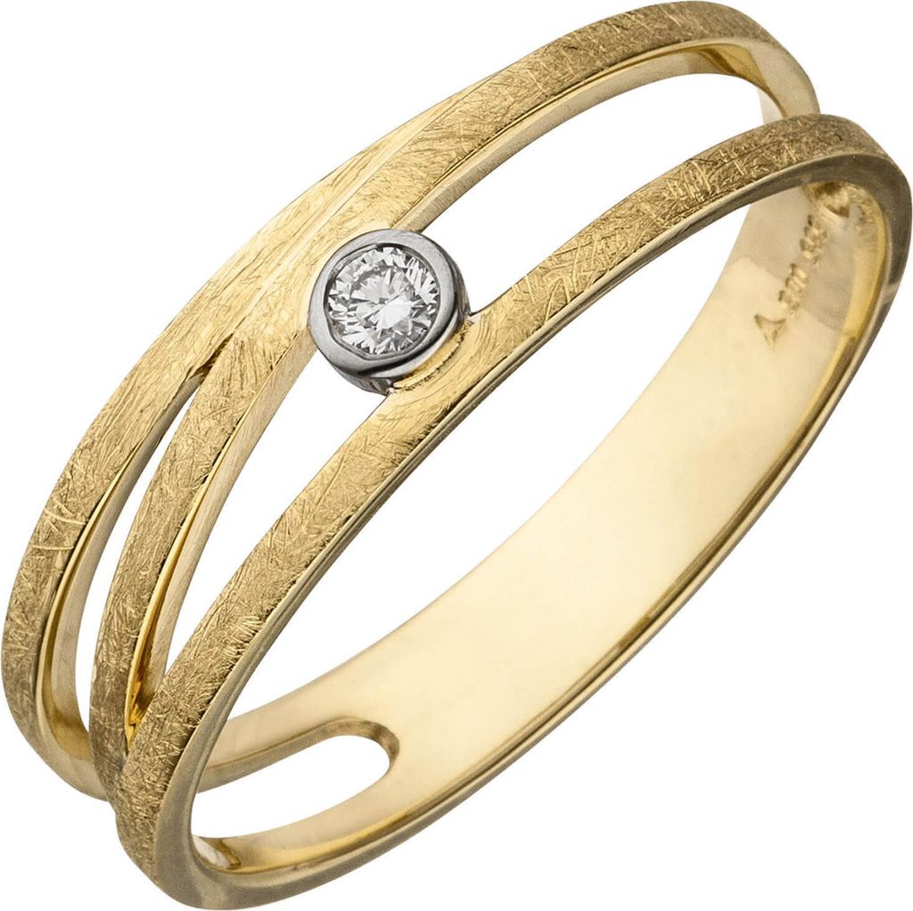 Ring 585 Gold Gelbgold teil-eismatt Diamant Brillant 0,05 Ct. Fingerring Damen Innenumfang 56mm Ø17.8mm