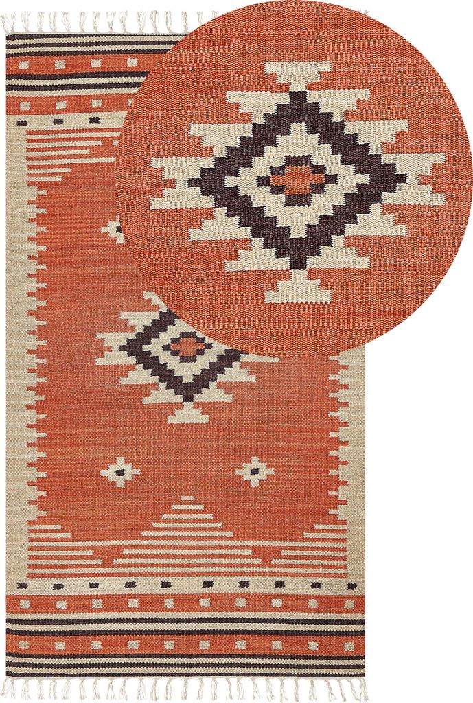 BELIANI Kelim-Teppich Orange Baumwolle 80 x 150 cm mit Fransen Geometrischem Muster Handgewebt Zweiseitig Läufer Modern Wohnzimmer Schlafzimmer
