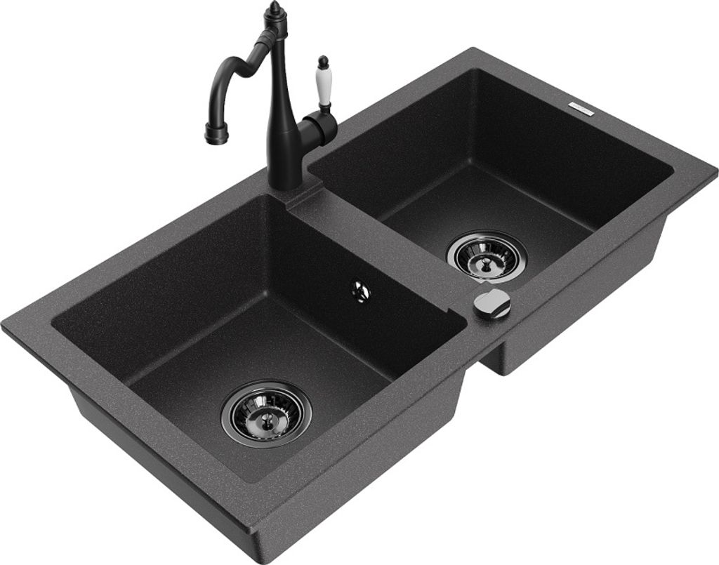Mexen Mario 2-Becken-Granitspüle mit Mischbatterie Carla, Schwarz gesprenkelt - 6504-76-670700-70-B