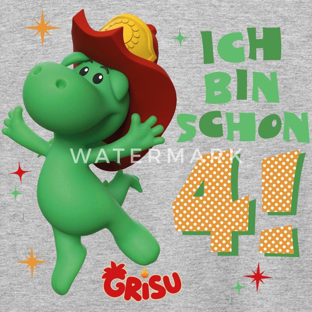 Spreadshirt Grisu Der Kleine Drache Geburtstagsdesign 4 Jahre Kinder T-Shirt, 98/104 (3-4 Jahre), Grau meliert