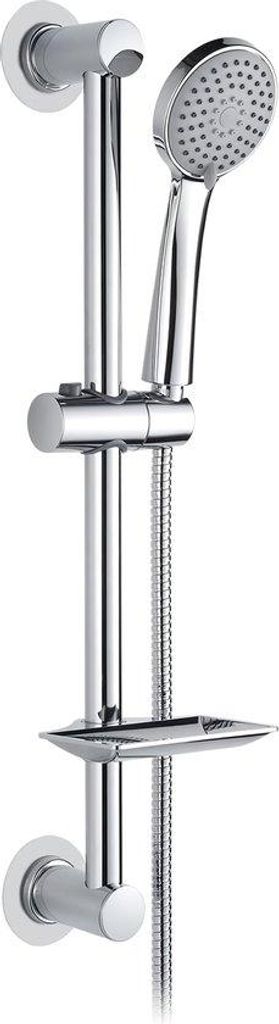 Famanu Duschstangen-Set mit Seifenschale, Schlauch, Handdusche, Halterung, einfache Installation, Chrom, Silber