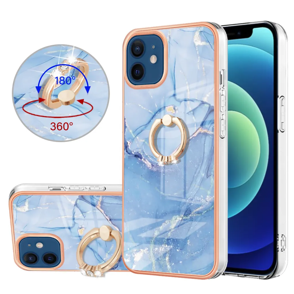 Custodia Elegante Blu iPhone 12 Pro Silicone con Ring Holder e Bumper