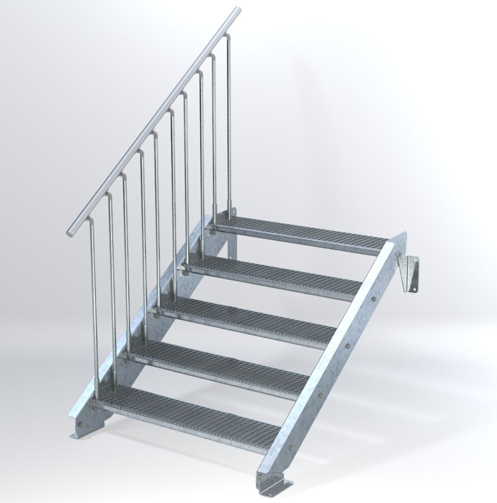 Stahltreppe 5 Stufen bis Höhe 100 cm, Laufbreite : 110 cm Geländer links ST 2 (31 / 31 mm gezackt)
