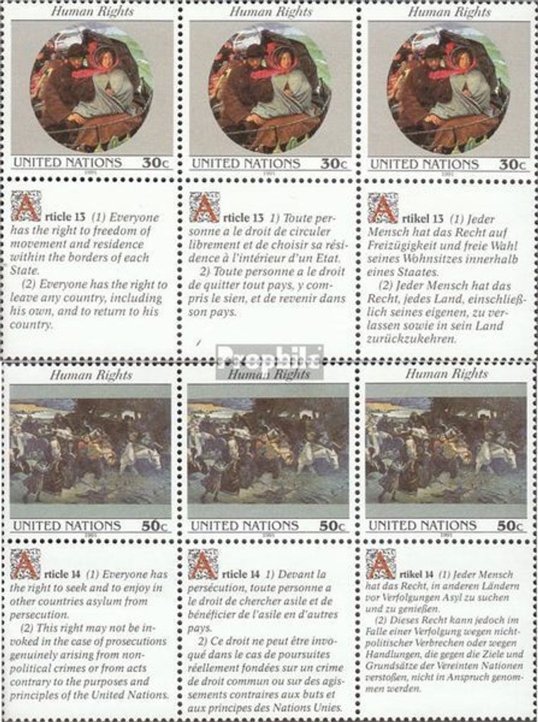 Briefmarken UNO - New York 1991 Mi 623-624 Sechserblock (kompl.Ausg.) gestempelt Menschenrechte
