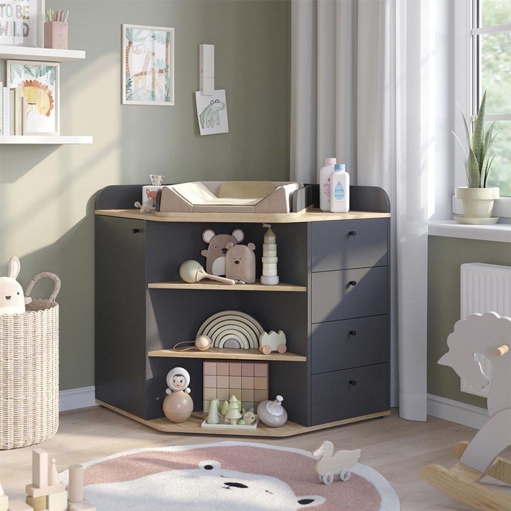 Vicco Wickelkommode Aria, 85 x 90 cm mit Regalen und 4 Schubladen, Anthrazit/Artisan/Artisan-Eiche