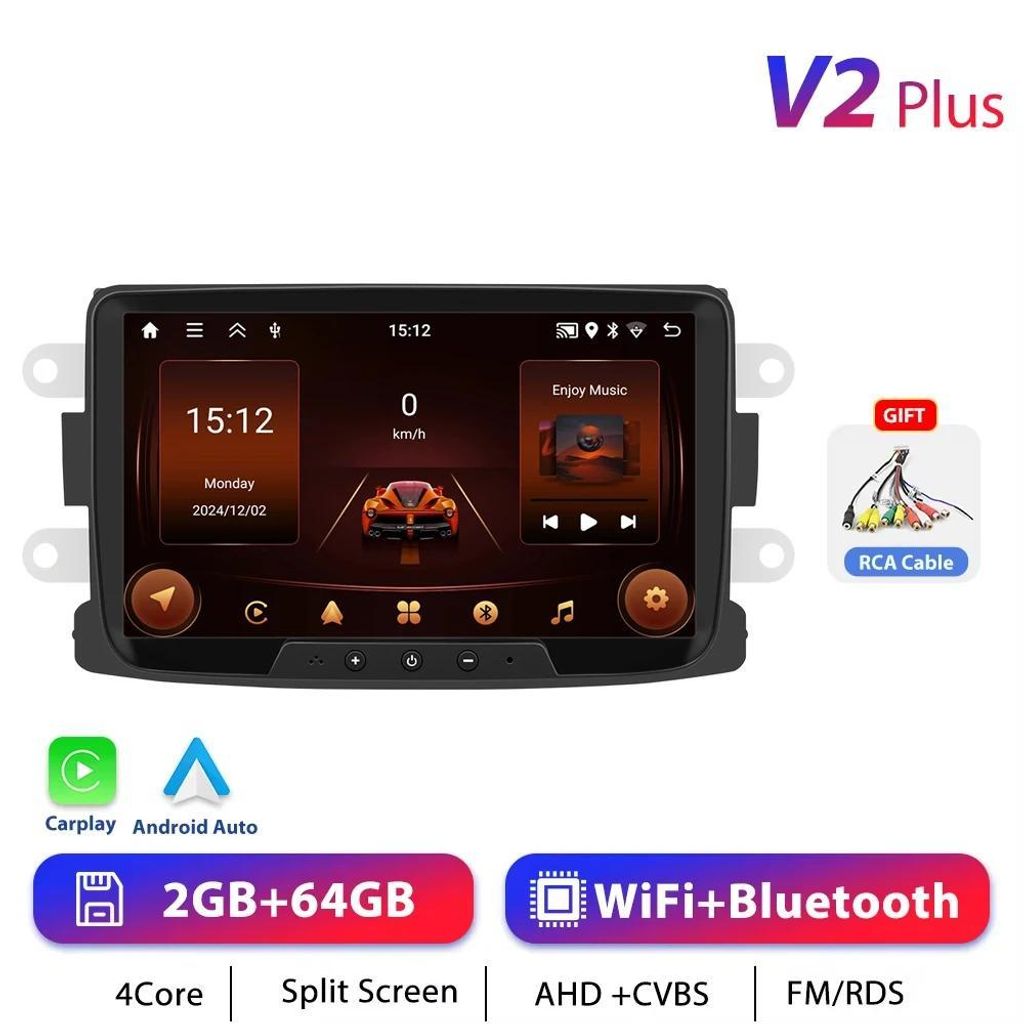 Android Autoradio - 2-DIN 17,8 cm - CarPlay 2GB+64GB - Android 13 - 1024x600 - GPS Navigation - Lenkradsteuerung - Für Renault Duster 2012–2015