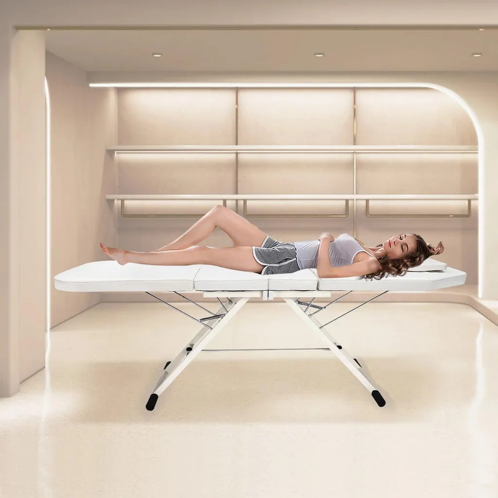 Table de massage blanche réglable en cuir PU et acier structure stable