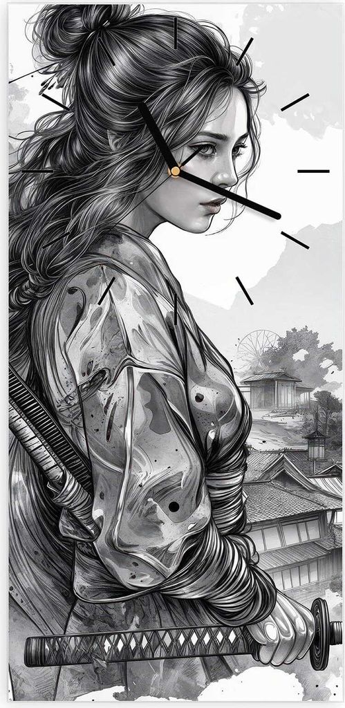 Wanduhr aus Glas mit Motiv Samurai Kriegerin Stadt- 30 x 60 cm - inkl. Aufhängesystem