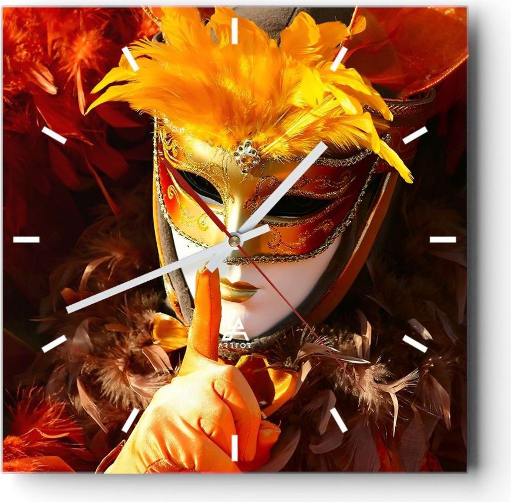 Wanduhr - Quadrat - Glasuhr - Venezianische Maske bunt Karneval - 30x30cm - Schleichendes Uhrwerk - Lautlos - zum Aufhängen bereit - Dekoration Mo...