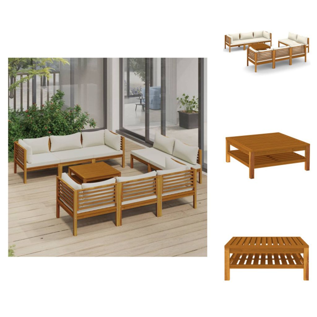 vidaXL 9-tlg. Garten-Lounge-Set mit Creme Kissen Massivholz Akazie - Gartenmöbel-Sets