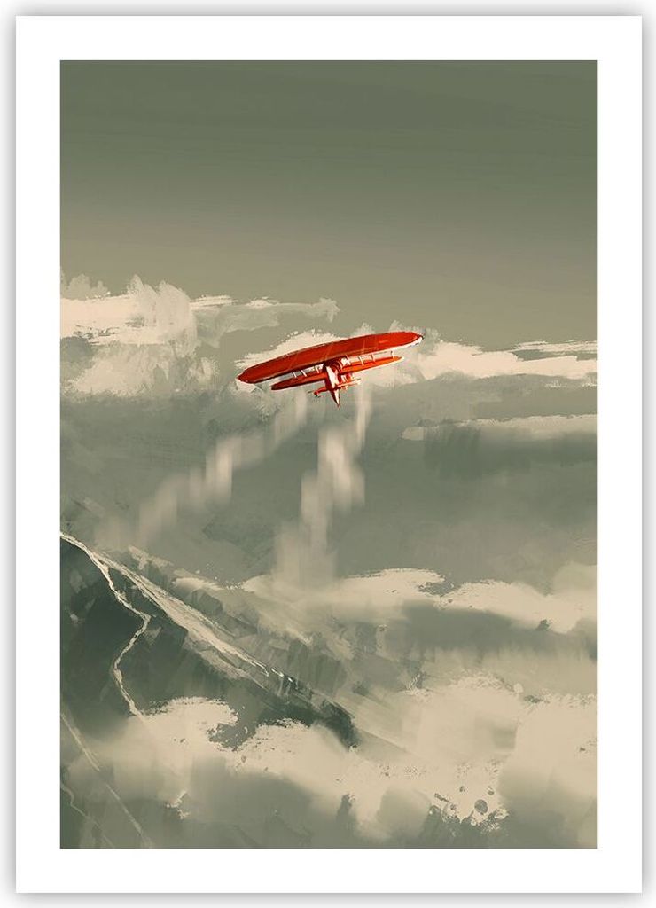 Poster - Poster ohne Rahmen - Rot Flugzeug Berge - 50x70 cm - Wand Bild - Wanddeko - Wandbilder - Kunstposter - Wandposter - Bilder - Kunstdruck - ...