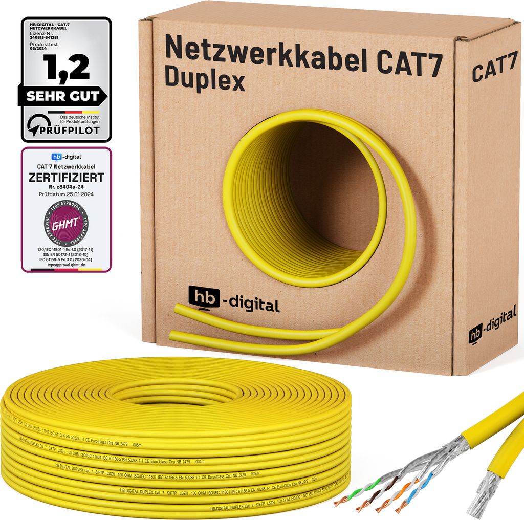 hb-digital CAT7 Verlegekabel Duplex Installationskabel 50m Datenkabel S/FTP AWG23 LSZH gelb