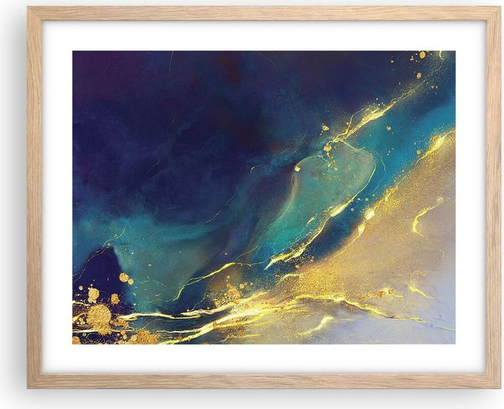 Gerahmtes Poster - Rahmen in heller Eiche - Gold Granate Abstraktion - 50x40 cm - Wand Bild - Wanddeko - Wandbilder - Kunstposter - Wandposter - Bi...
