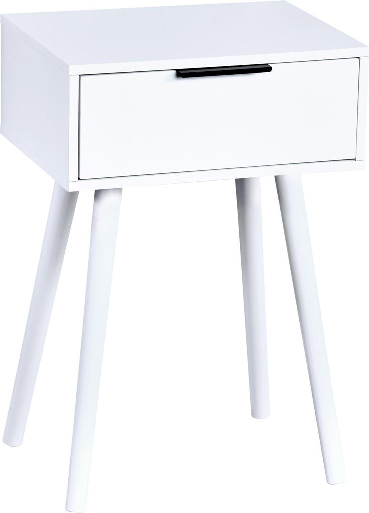 A white bedside table with a single drawer and a black handle, standing on four angled legs.
