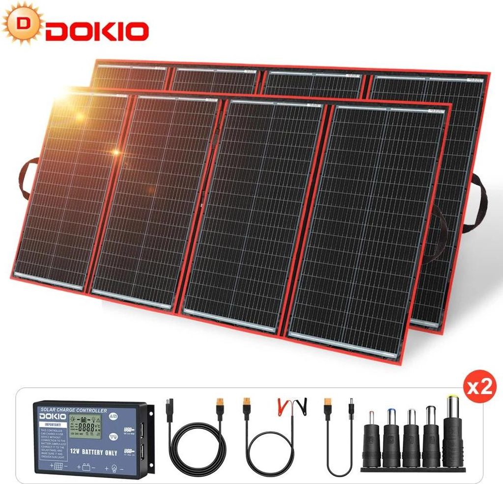 Tragbares Solarpanel-Set - 590W Monokristallin - 2 Paneele - Faltbar - Flexibel - 18 V - Mit 12 V Laderegler - Silber/Grau