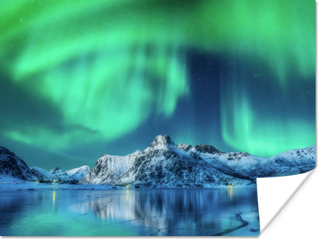 MuchoWow Poster Nordlichter - Berg - Schnee 120x90 cm - Wandbild