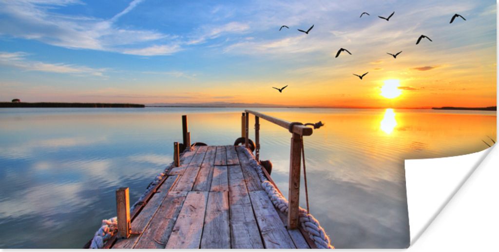 MuchoWow Poster Wasser - Steg - Vögel - Sonnenuntergang - Horizont 150x75 cm - ohne Rahmen