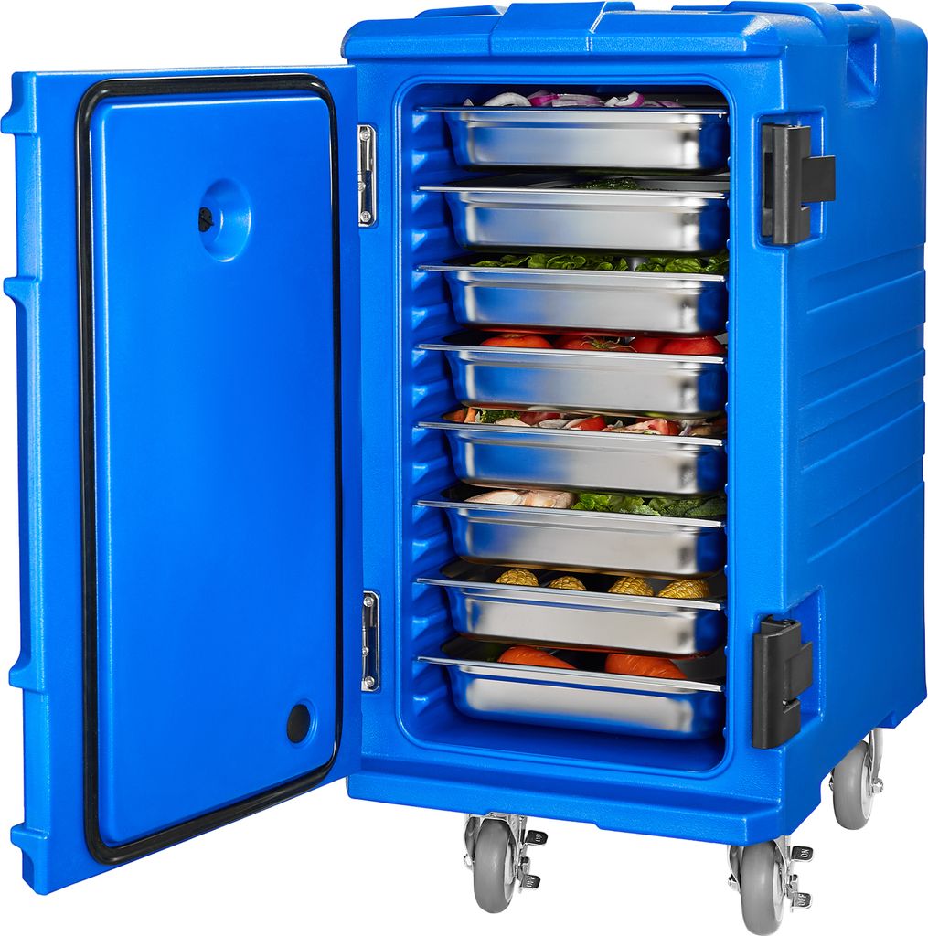 A blue insulated food carrier with multiple trays of food inside, shown with the door open.