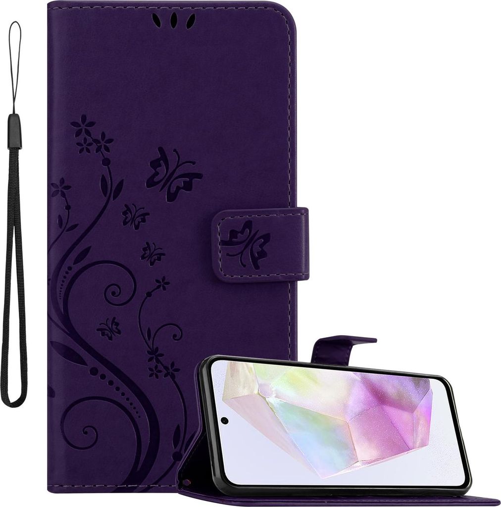Cadorabo Hülle für Samsung Galaxy A35 in FLORAL DUNKEL LILA Schutzhülle im Blumen Design mit Magnetverschluss, Standfunktion und Kartenfächern ...