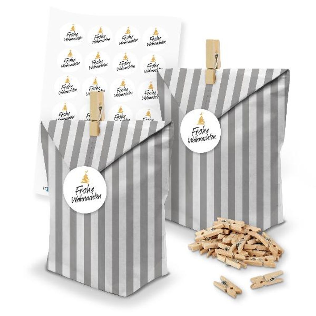 itenga SET Geschenktüten 24 x Tüten Streifen + Klammern + Motivsticker (M154)