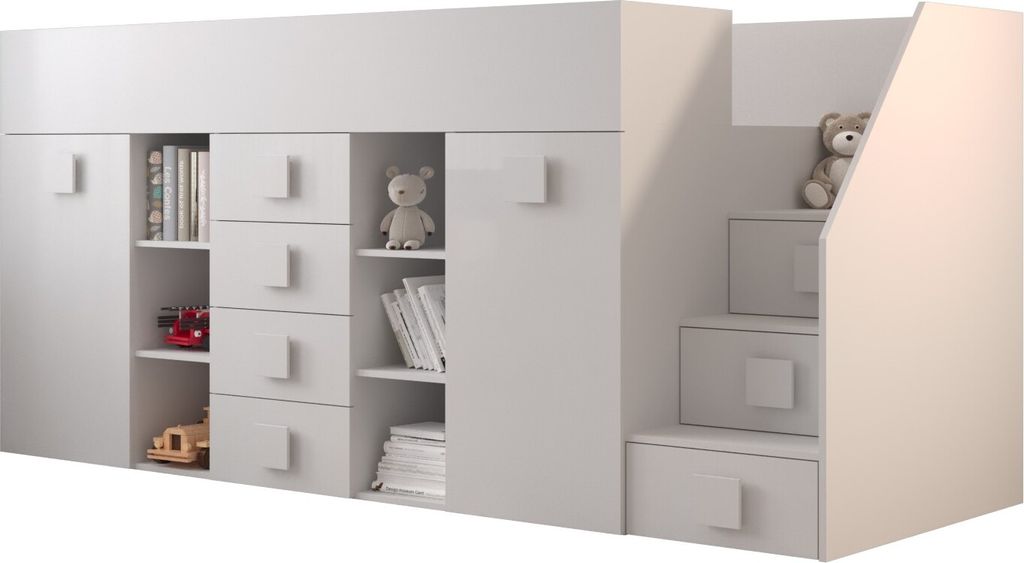Etagenbett für Kinder Toledo 3 Stockbett mit Treppe, Schreibtisch, Bettkasten (Weiß/Weiß Glanz + weiße Griffe, Seite: Rechts)