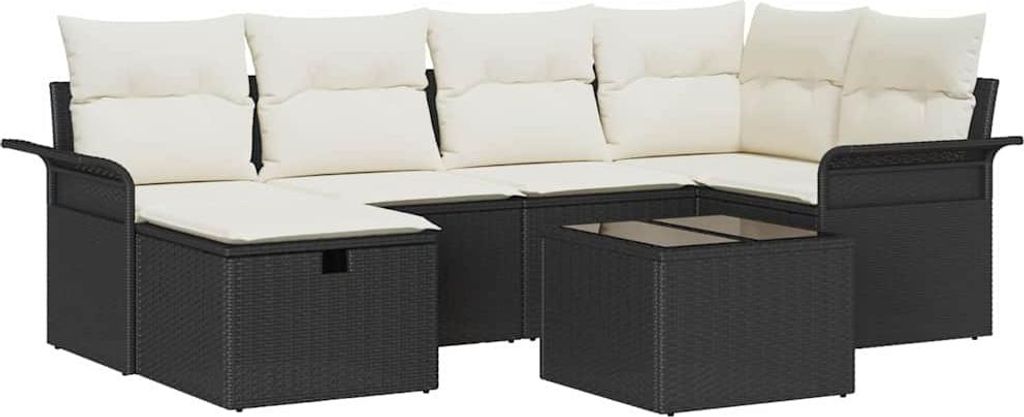 "2026 Aktion" Gartensofa Set - Balkonmöbel/Loungeset - elegantes Design - mit Kissen 7 pcs Schwarz und Creme Poly-Rattan - 242,5x132,5x85cm - Gart...