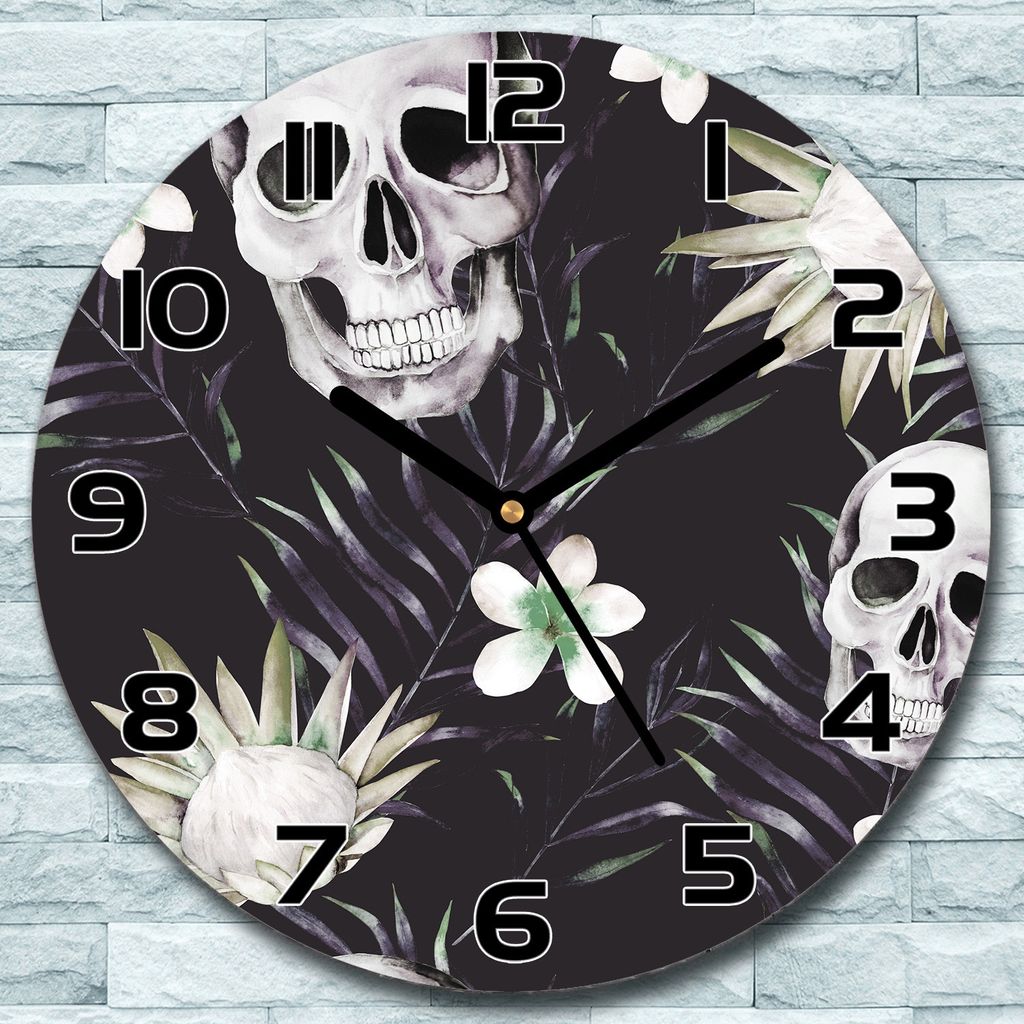 Wanduhr aus Glas Rund fi 30 Schädel mit Blumen Quarz Deko Schlafzimmer Büro
