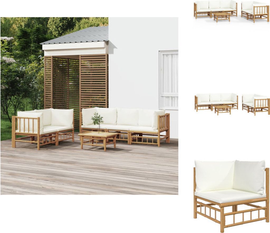 vidaXL 6-tlg. Garten-Lounge-Set mit Cremeweißen Kissen Bambus - Gartenmöbel-Sets