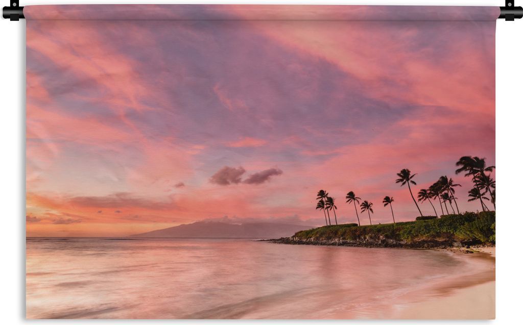 MuchoWow Wandteppich Wandbehang Strand - Palme - Rosa 150x100 cm Tapisserie Dekoration Wandtuch - Waschbar - Tapisserien - Wand-Decke