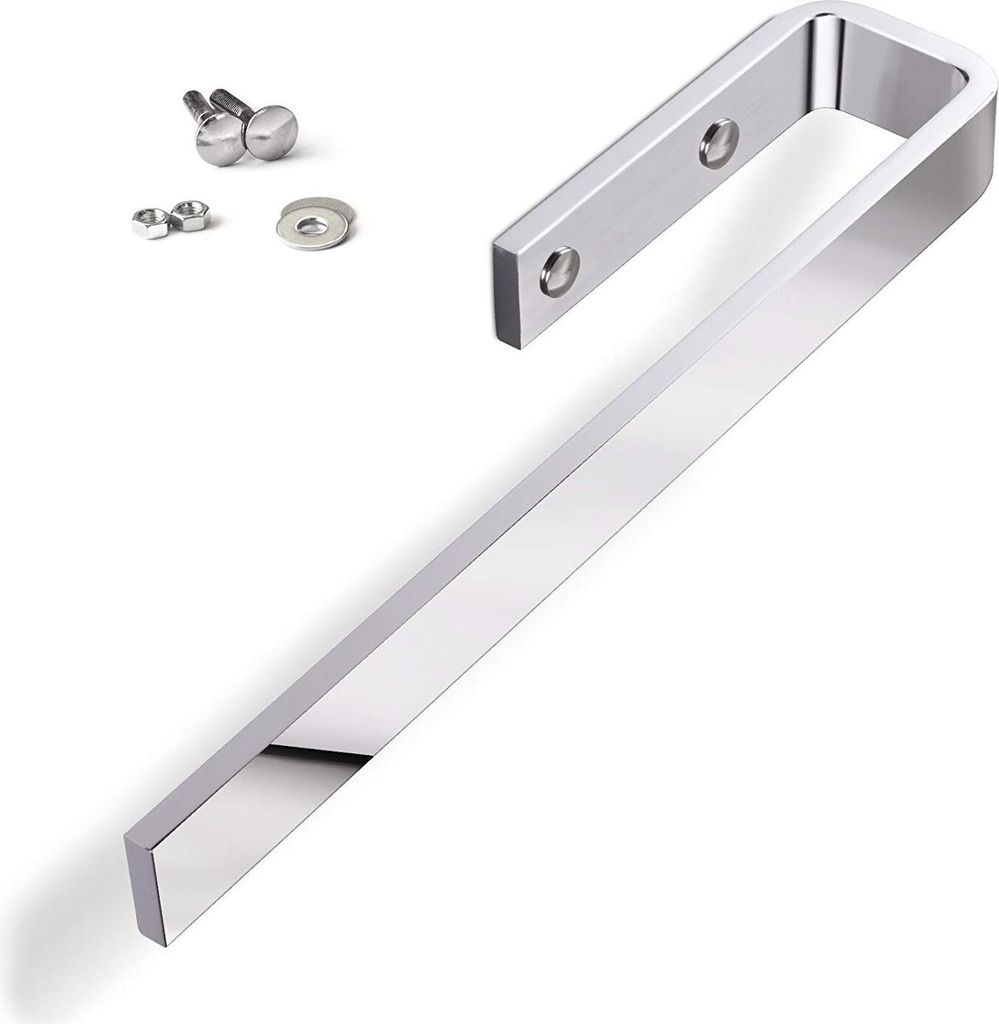 A chrome-finished aluminum towel holder and its mounting hardware are displayed on a white background.