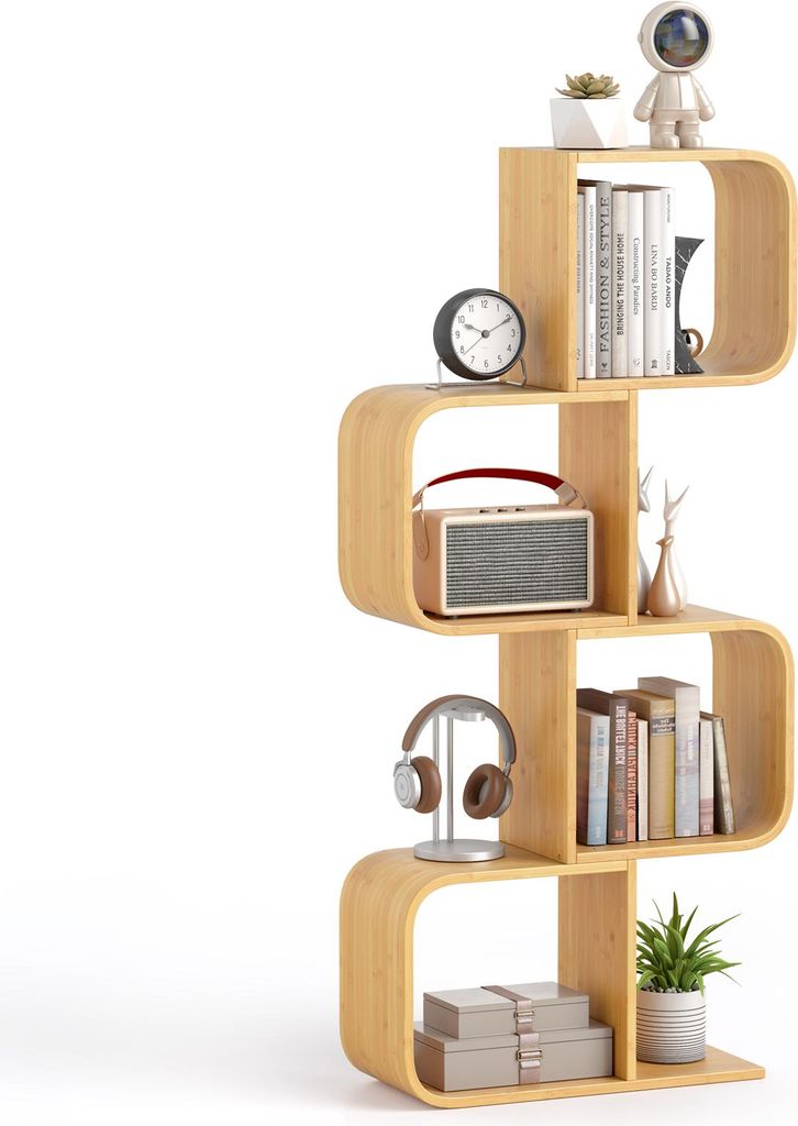 GOPLUS S-förmiges Bücherregal aus Bambus, Stufenregal klein mit offenen Fächern, Treppenregal Aufbewahrungsregal Büroregal, Natur (4 Ebenen)
