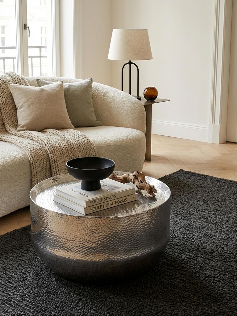 Couchtisch Aluminium Silber 60x60x35 cm Wohnzimmertisch Hammerschlag, Designer Sofatisch Rund Alu Orientalisch, Runder Kaffeetisch Metall Klein