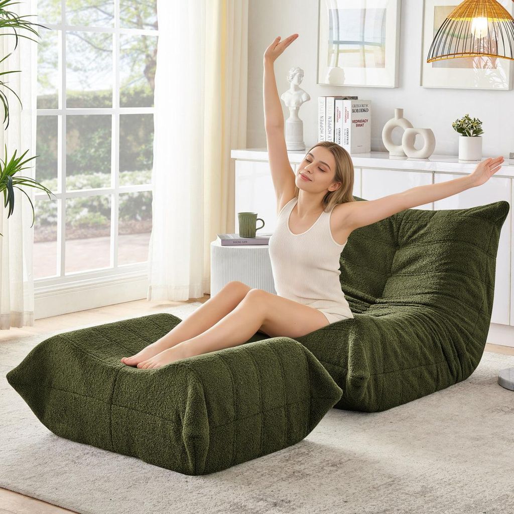 Relaxsessel mit Fußhocker Grün Teddyfell – Weiches Lazy Sofa & Bodensofa, Schaumstoff-Füllung, Montagefrei für Wohnzimmer