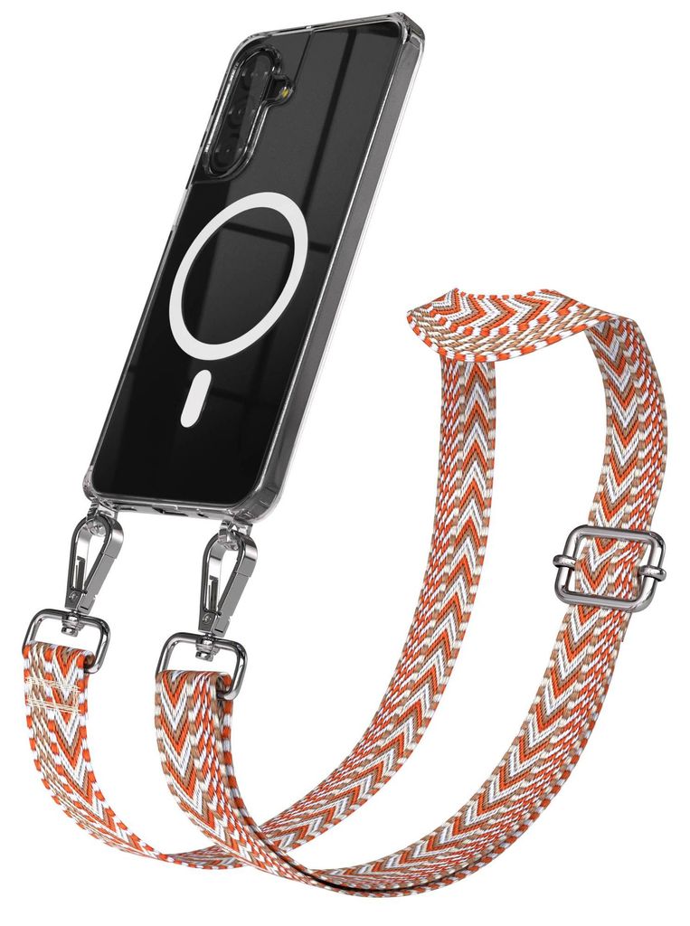 EAZY CASE - Handykette mit MagSafe Hülle für Samsung Galaxy A17, Handyband ZickZack Style, Karabiner Silber, Umhängeband in Beige