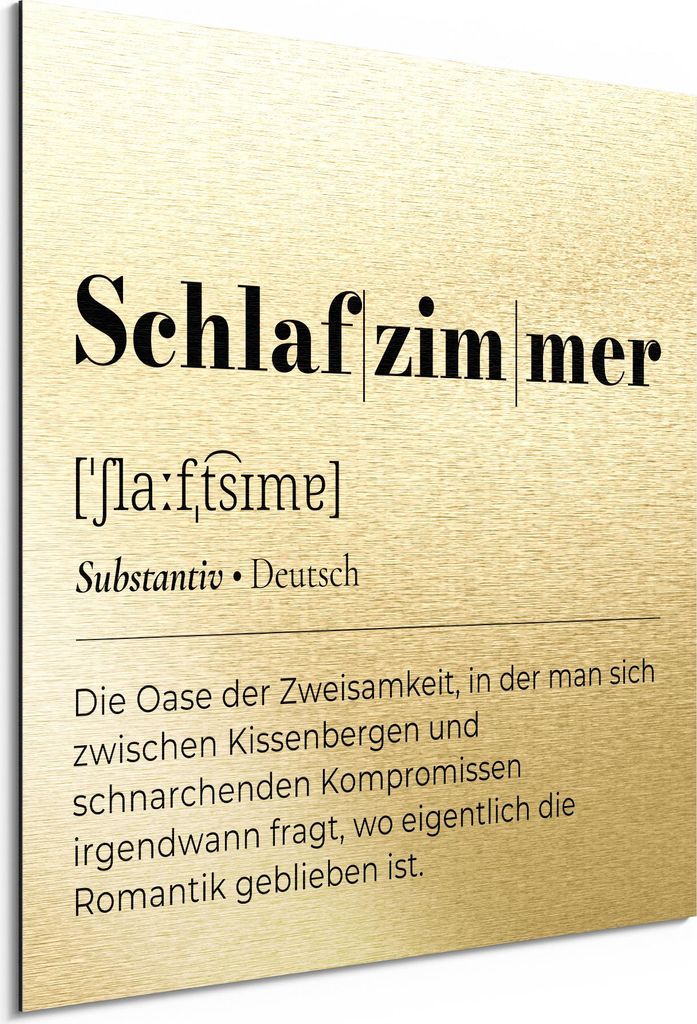 DEQORI Alu-Dibond Bild Gold 50x50 cm 'Schlafzimmer - Definition' Wandbild Metall dünn