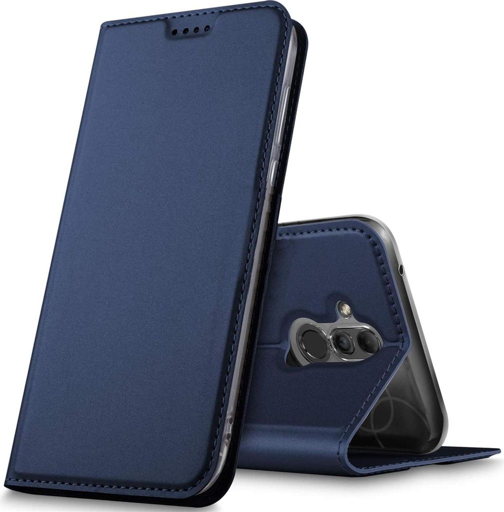 A blue flip case for a Huawei Mate 20 Lite phone is shown standing upright, with the phone's camera visible through the case.