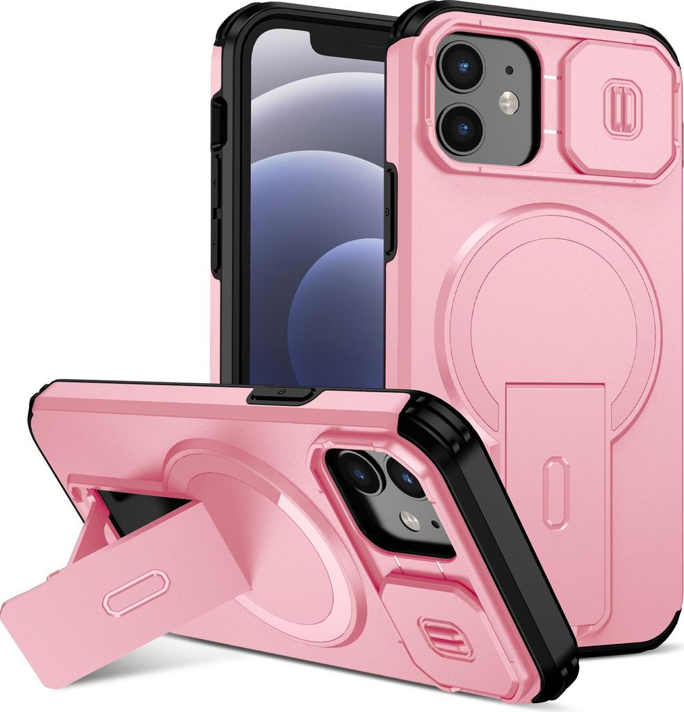 Magnetisch Hülle für iPhone 12/iPhone 12 Pro, Dual Layer Stoßfest Handyhülle mit Dia Kameraschutz, Verstellbarem Ständer Pink