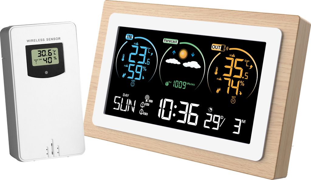 FJ3399C Intelligente Wetterstation mit Uhr Innen- und Aussentemperatur- und Luftfeuchtigkeitsmesser, multifunktionales VA-Wetteruhr mit grossem Far...