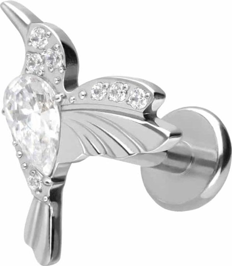 Ohrpiercing, Nasenpiercing Titan Labret mit Push Fit KOLIBRI Silber Stablänge: 10mm | Stabstärke: 1,2mm