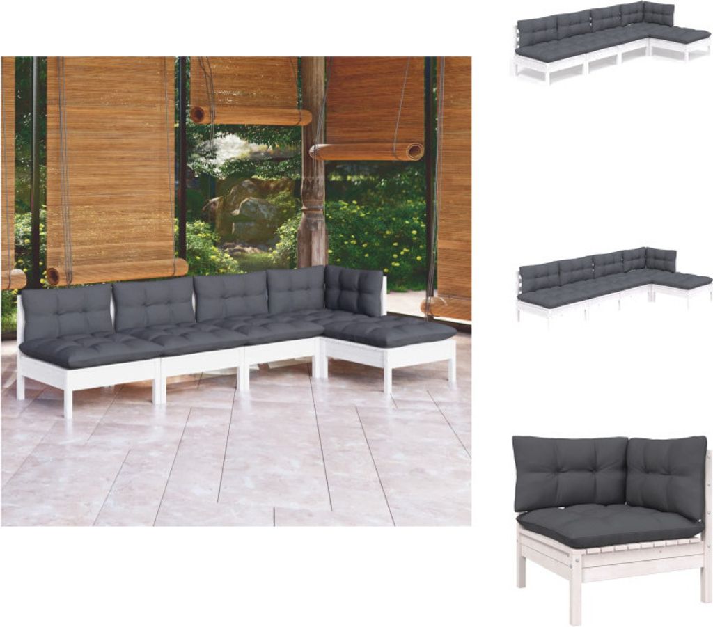 vidaXL 5-tlg. Garten-Lounge-Set mit Kissen Weiß Kiefernholz - Gartenmöbel-Sets