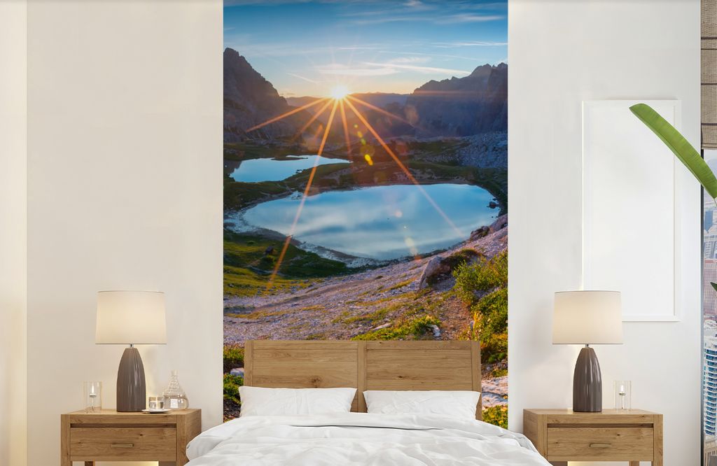 MuchoWow Fototapete für Wohnzimmer oder Schlafzimmer Wandtapete Vinyl Motivtapete Alpen - See - Sonne - 120x240 cm - Hintergrundbild