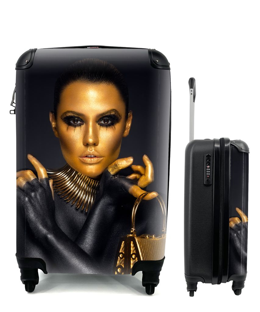 MuchoWow Koffer Handgepäck Trolley Rollkoffer Kleine Reisekoffer mit 4 Rollen - Make-up - Tasche - Gold - Luxus - Frau - Cabin Size < 55x40x23 c...