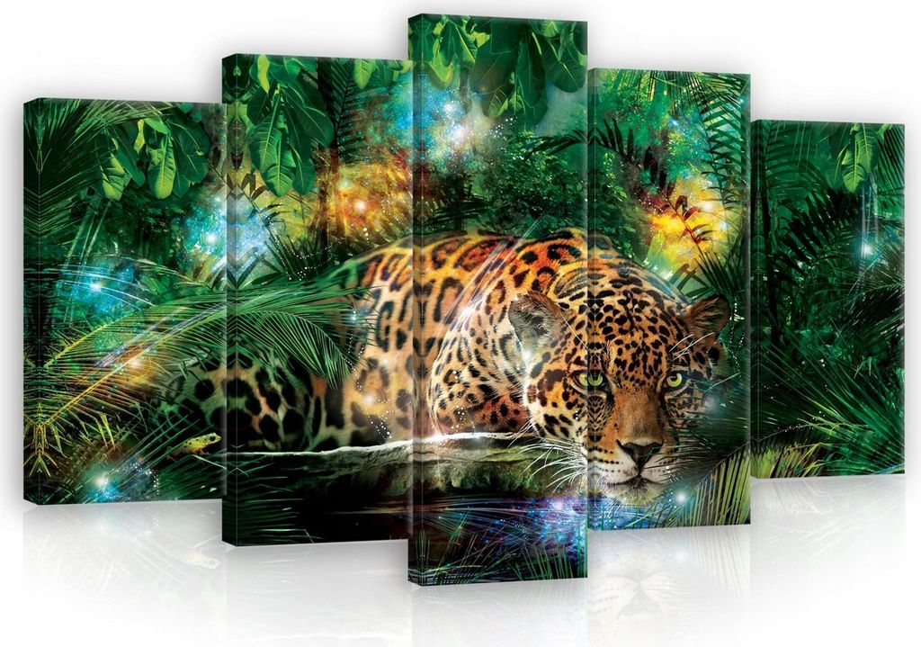 Leinwandbilder Tiger Leopard Natur SET 100x60 cm 5 teilig Modern Canvas Bilder Leinwandbild Leinwand Bilder Schlafzimmer Wohnzimmer Wandbilder Kuns...